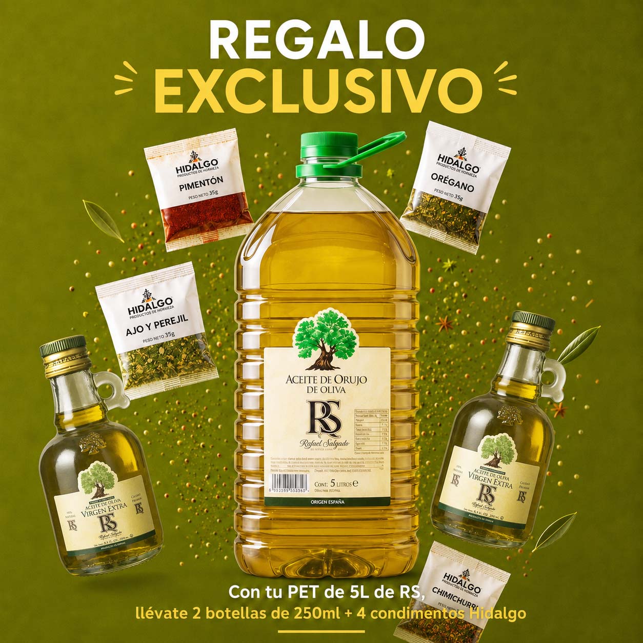 Aceite de Orujo de Oliva Rafael Salgado 5lt (+ 2 jarritas + 4 condimentos de REGALO)