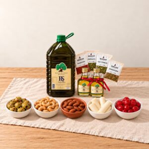 Promo Canasta Hidalgo: aceite de orujo de oliva 5 L con regalo, aceitunas condimentadas, castañas de cajú, almendras, palmitos y cerezas