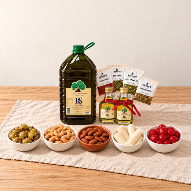 Promo Canasta Hidalgo: aceite de orujo de oliva 5 L con regalo, aceitunas condimentadas, castañas de cajú, almendras, palmitos y cerezas