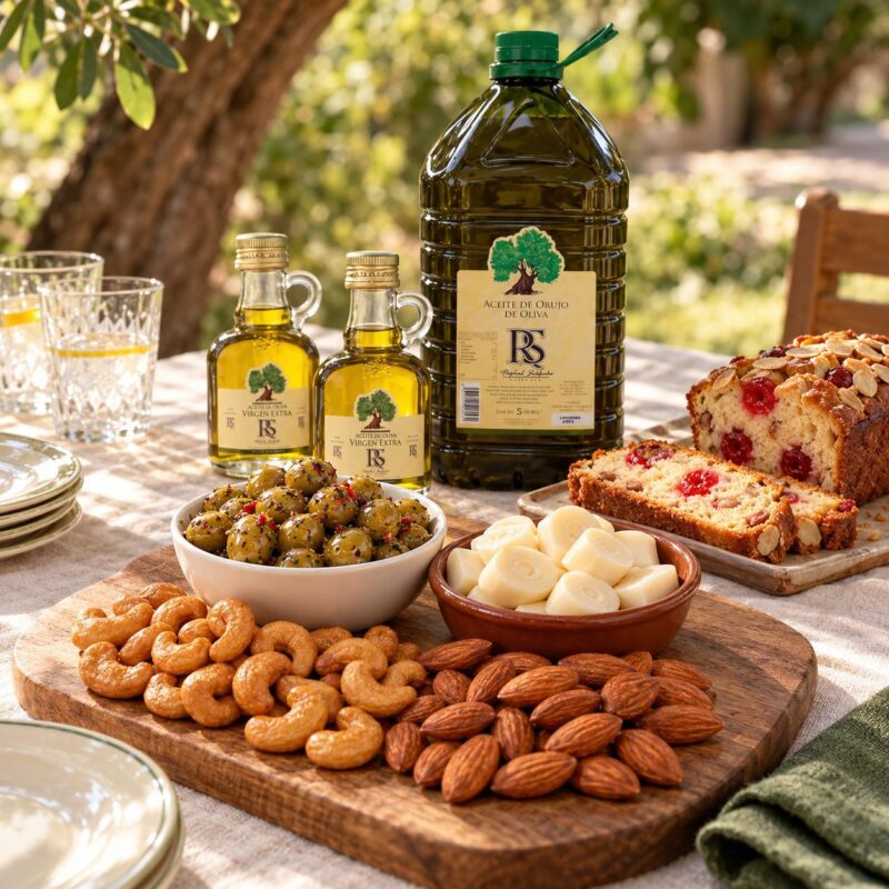 Mesa para compartir con castañas de cajú, almendras, aceitunas, palmitos y budín con cerezas