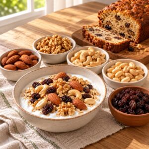 Desayuno con yogur, frutos secos y pasas de uva, y budín casero con nueces