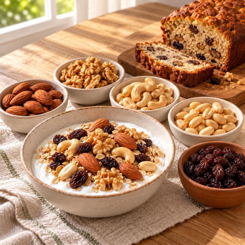 Desayuno con yogur, frutos secos y pasas de uva, y budín casero con nueces
