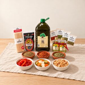 Promo Parrillero de Hidalgo: aceite de orujo de oliva 5 L con regalo, chimichurri, ají molido, ajo y perejil, morrones, pickles, maní, aceitunas y brochettes