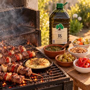 Asado con brochettes, provoleta y chimichurri, junto al aceite de orujo de oliva Rafael Salgado