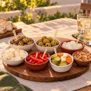 Picada servida con aceitunas, cebollitas, palmitos, morrones, pickles y maní de la Promo Picada Lista