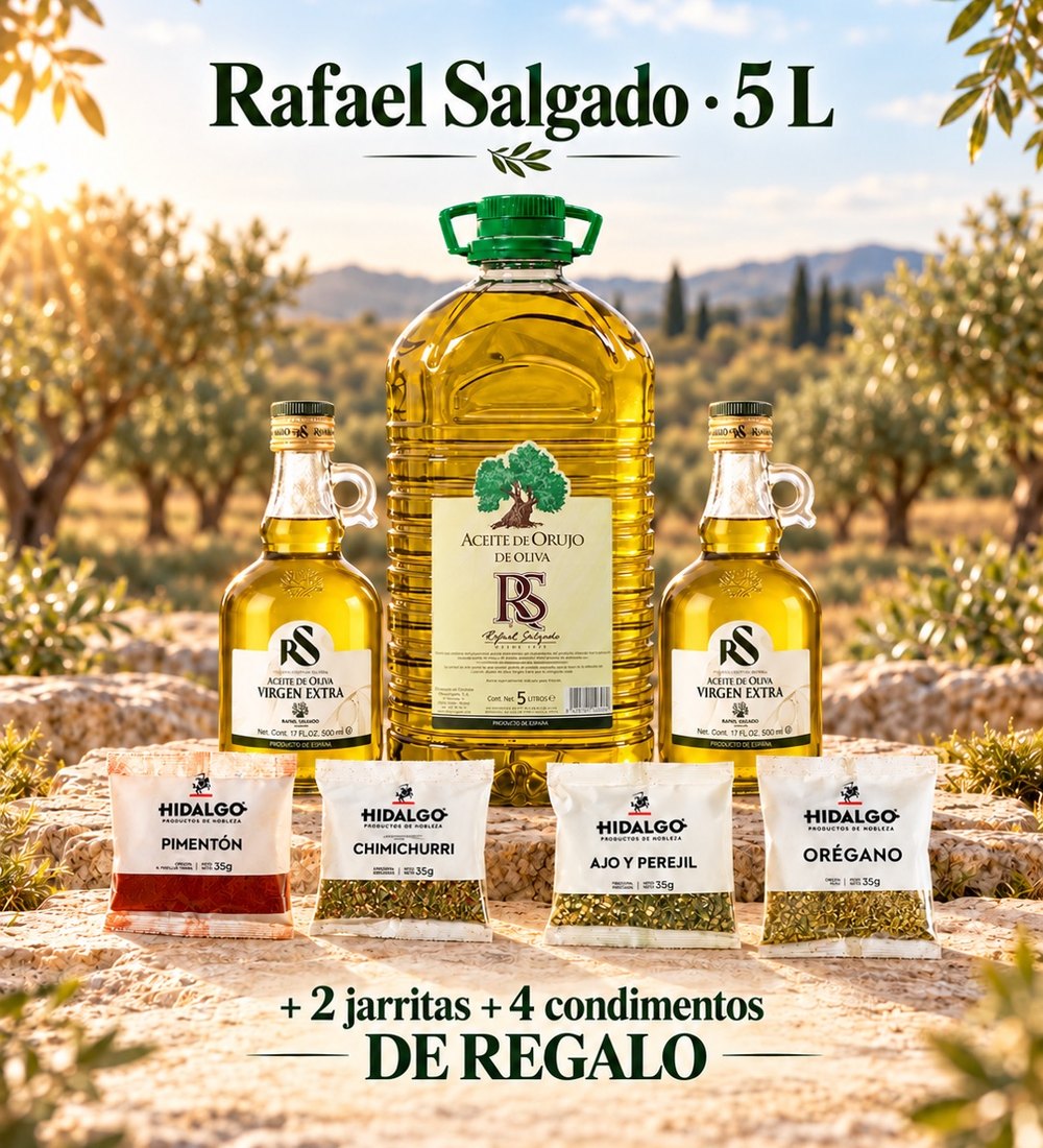 Promo Aceite de Orujo de Oliva Rafael Salgado 5L - slider mobile Promo Aceite de Orujo de Oliva Rafael Salgado 5 L: 2 jarritas de virgen extra y 4 condimentos de regalo